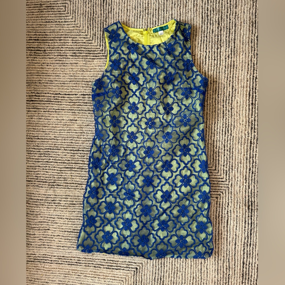 Pim + Larkin Blue Floral Embroidered Overlay Dress Underlay Retro Artsy